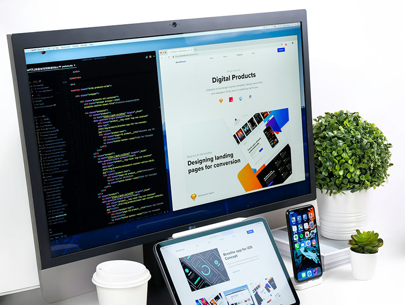 A computer screen with code on one side and a landing page on the other