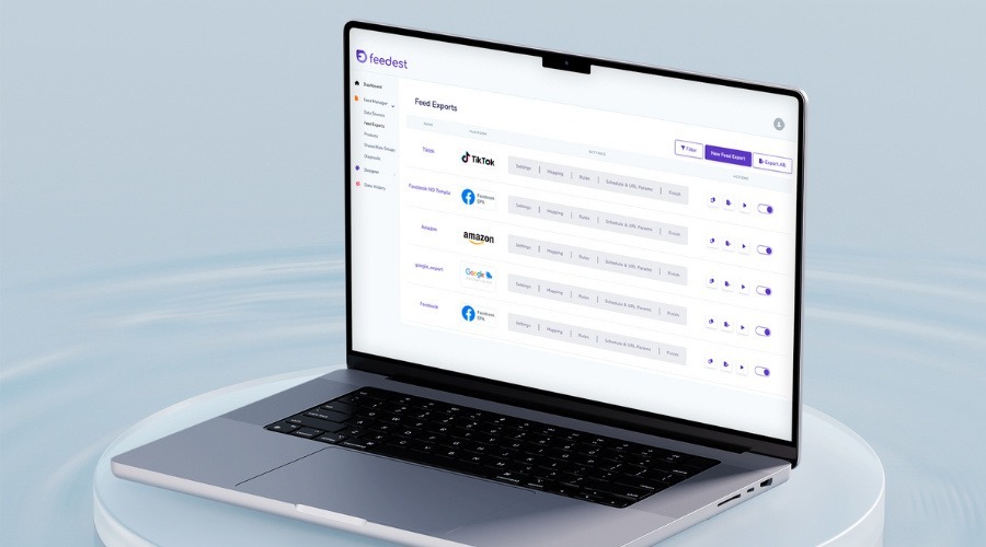 A mock-up of the Feedest platform on a laptop