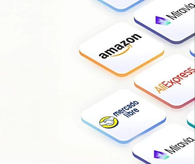 Market icons on a white background, such as Amazon, Miravia, Mercado Libre, and Ali Express.