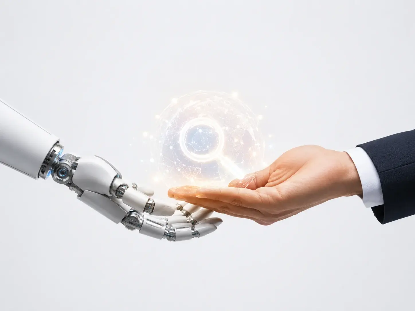 a robot hand and a human hand close together with a holographic search symbol above them